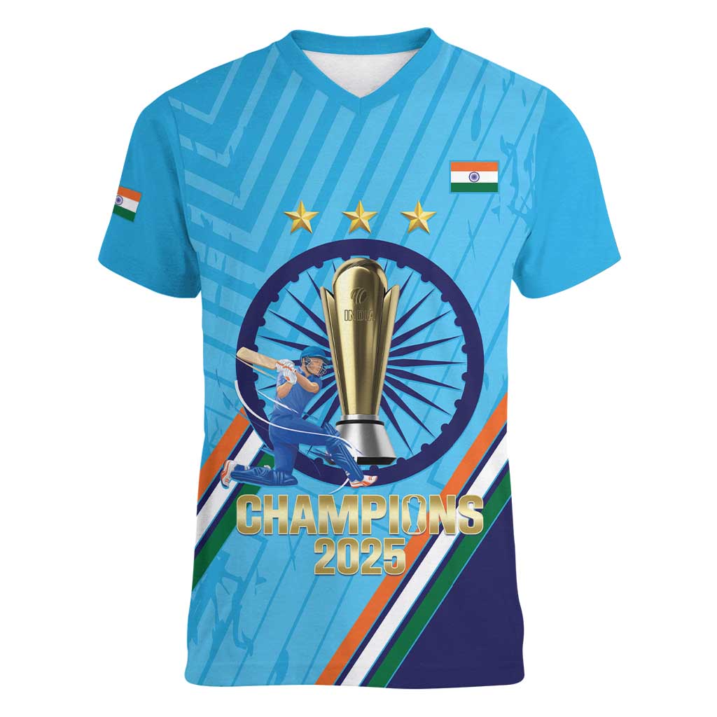 Personalised India Cricket Women V-Neck T-Shirt 2025 Men In Blue 3rd Champions Proud