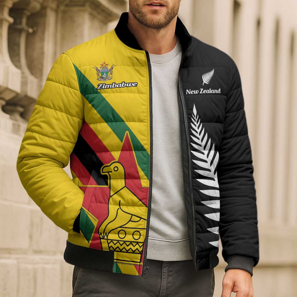 Custom New Zealand and Zimbabwe Bomber Puffer Jacket NZ Fern Zim Flag Half Style
