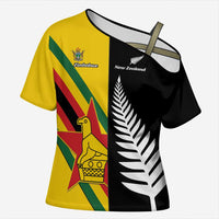Custom New Zealand and Zimbabwe Cross Shoulder Shirt NZ Fern Zim Flag Half Style