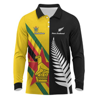 Custom New Zealand and Zimbabwe Long Sleeve Polo Shirt NZ Fern Zim Flag Half Style