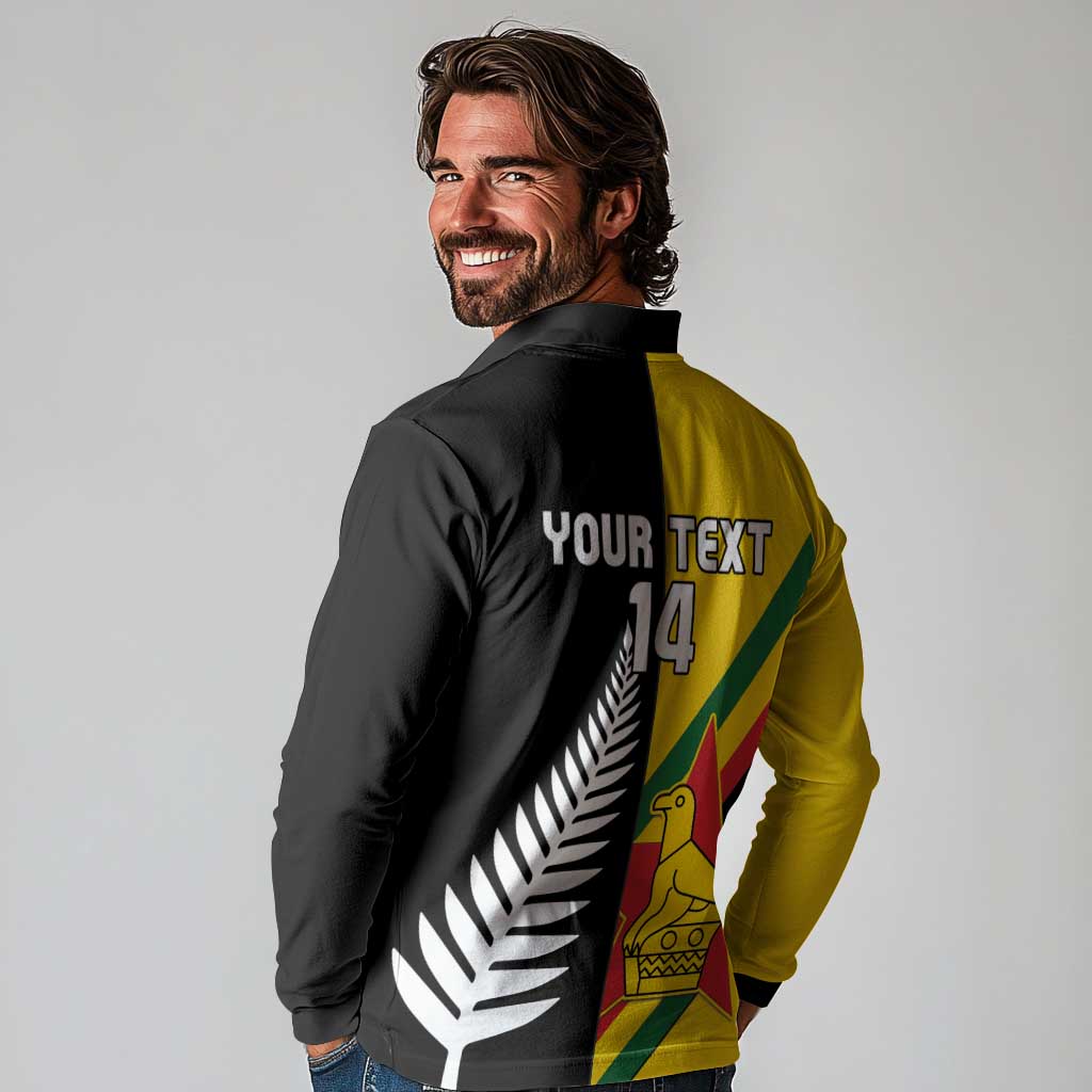 Custom New Zealand and Zimbabwe Long Sleeve Polo Shirt NZ Fern Zim Flag Half Style