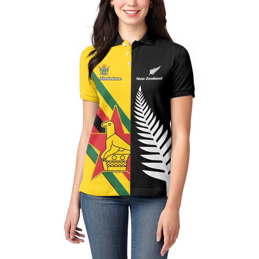 Custom New Zealand and Zimbabwe Women Polo Shirt NZ Fern Zim Flag Half Style