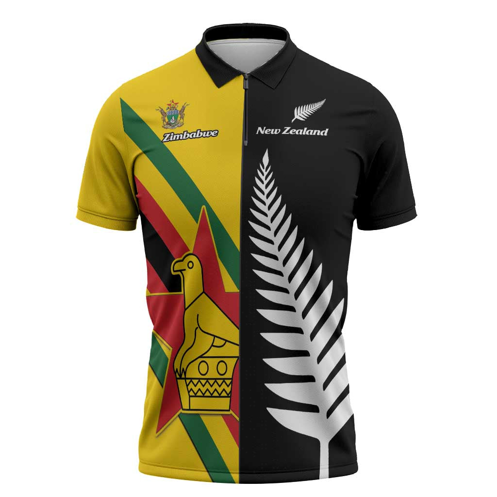 Custom New Zealand and Zimbabwe Zipper Polo Shirt NZ Fern Zim Flag Half Style