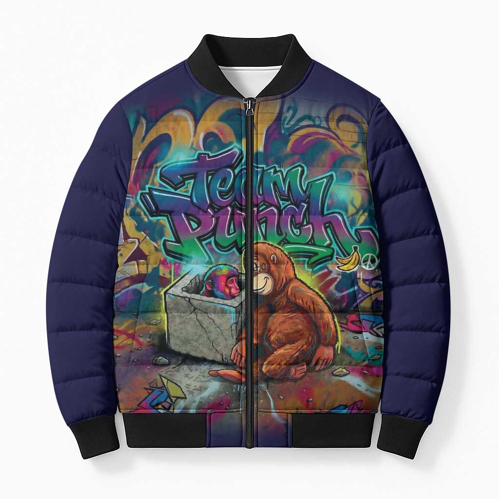Team Punch The Monkey Bomber Puffer Jacket Baby Monkey Stay Strong Graffiti Style