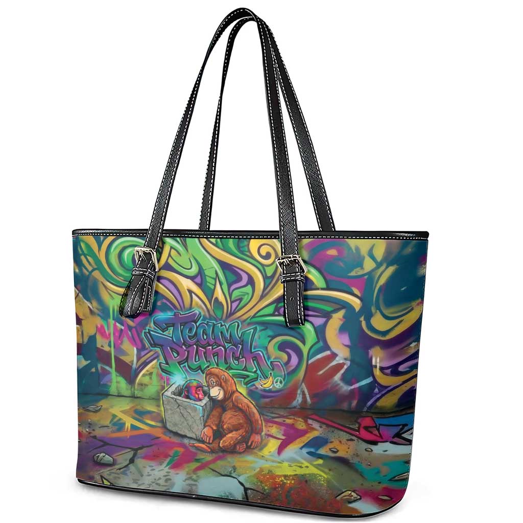 Team Punch The Monkey Leather Tote Bag Baby Monkey Stay Strong Graffiti Style