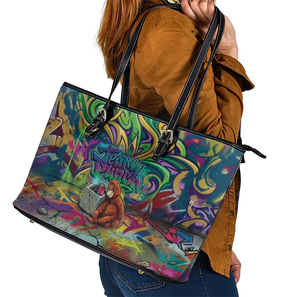 Team Punch The Monkey Leather Tote Bag Baby Monkey Stay Strong Graffiti Style