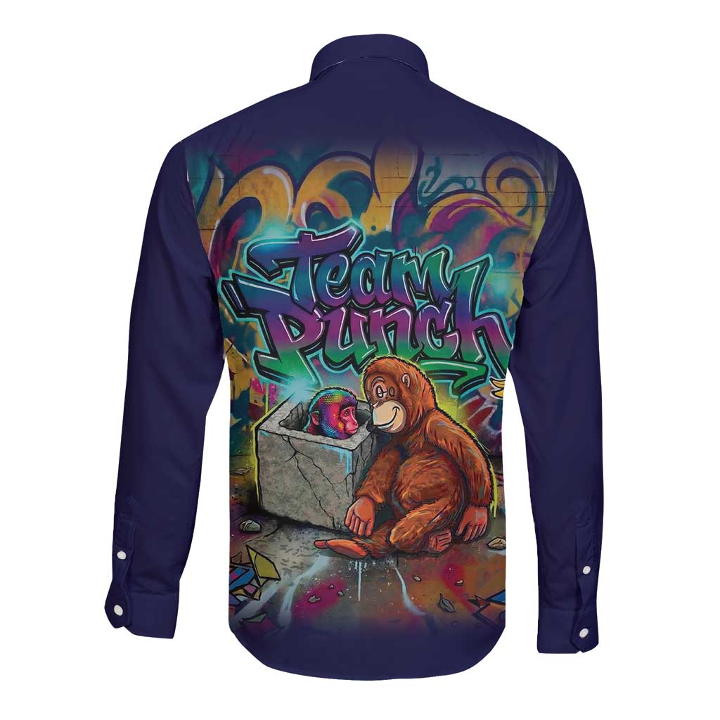 Team Punch The Monkey Long Sleeve Button Shirt Baby Monkey Stay Strong Graffiti Style