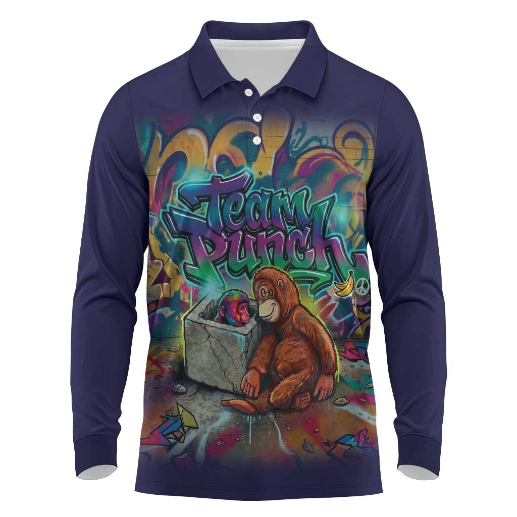 Team Punch The Monkey Long Sleeve Polo Shirt Baby Monkey Stay Strong Graffiti Style