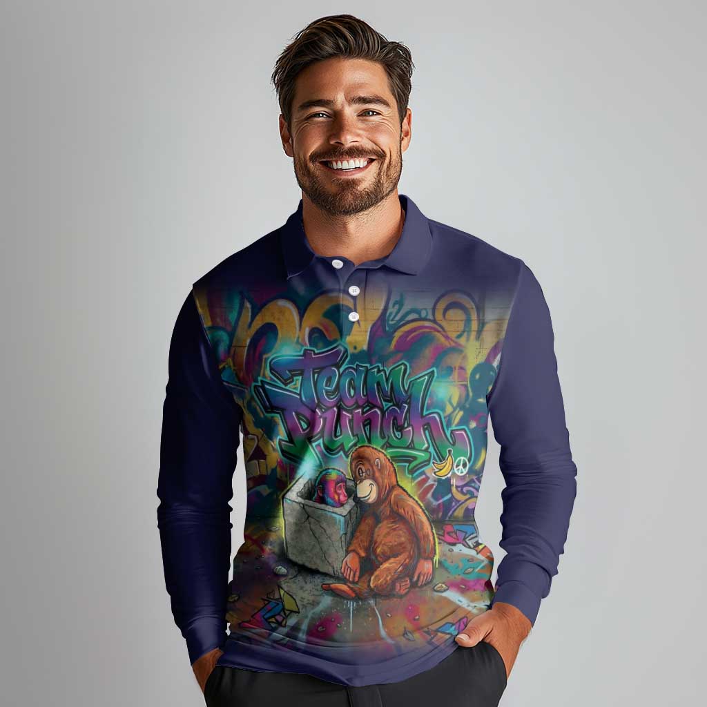 Team Punch The Monkey Long Sleeve Polo Shirt Baby Monkey Stay Strong Graffiti Style