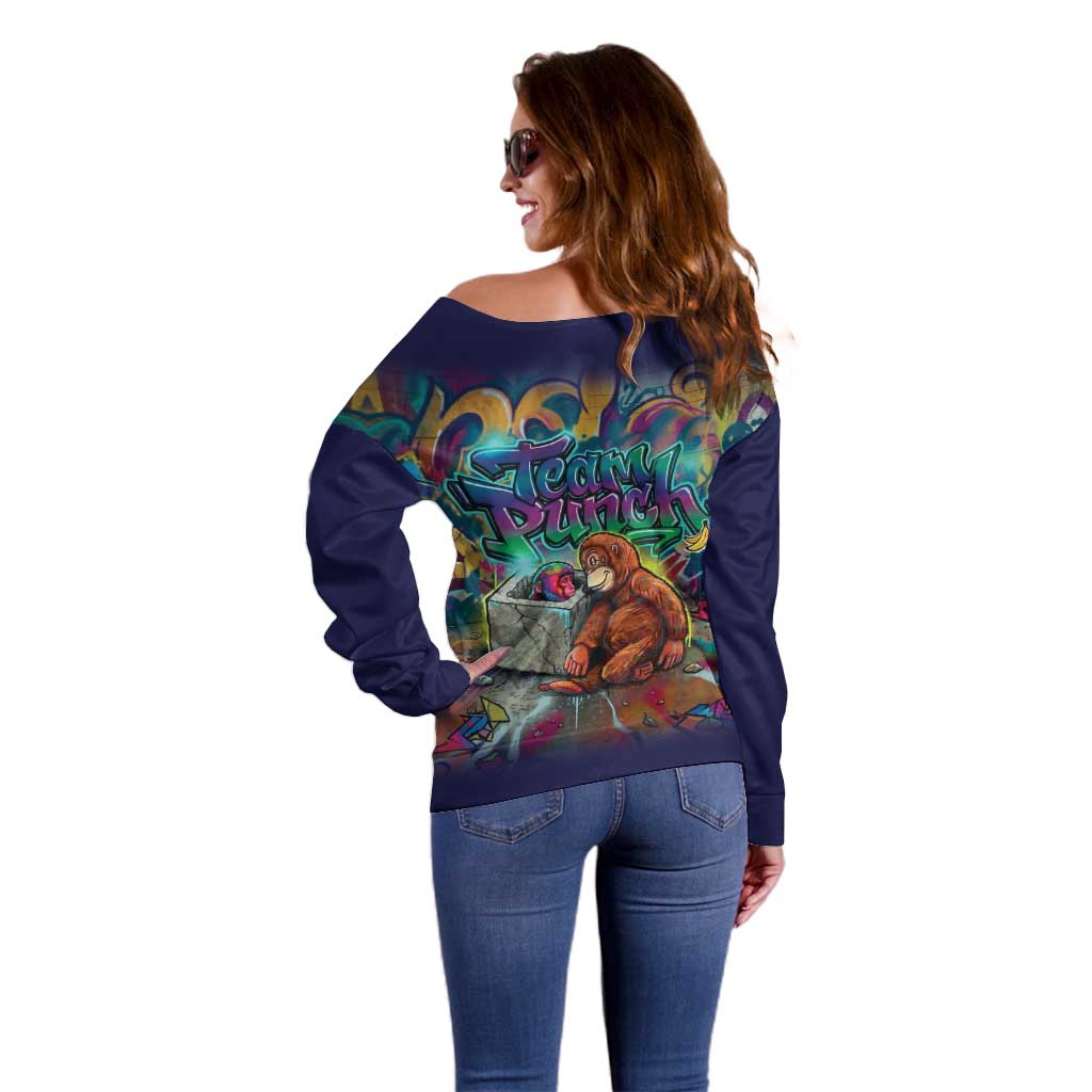 Team Punch The Monkey Off Shoulder Sweater Baby Monkey Stay Strong Graffiti Style
