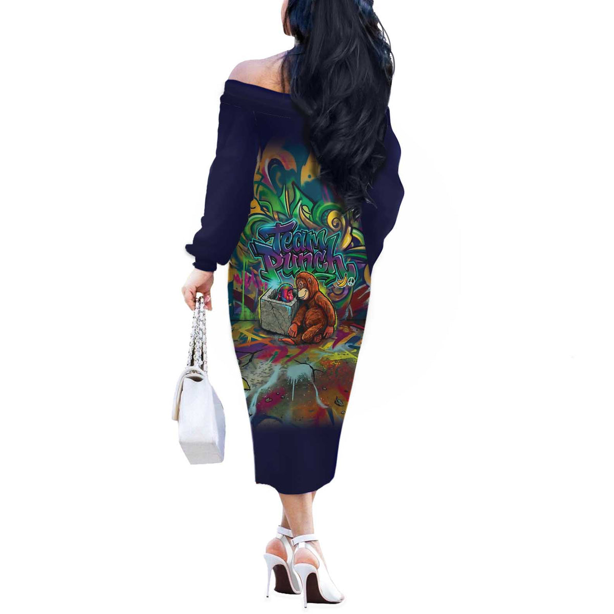 Team Punch The Monkey Off The Shoulder Long Sleeve Dress Baby Monkey Stay Strong Graffiti Style