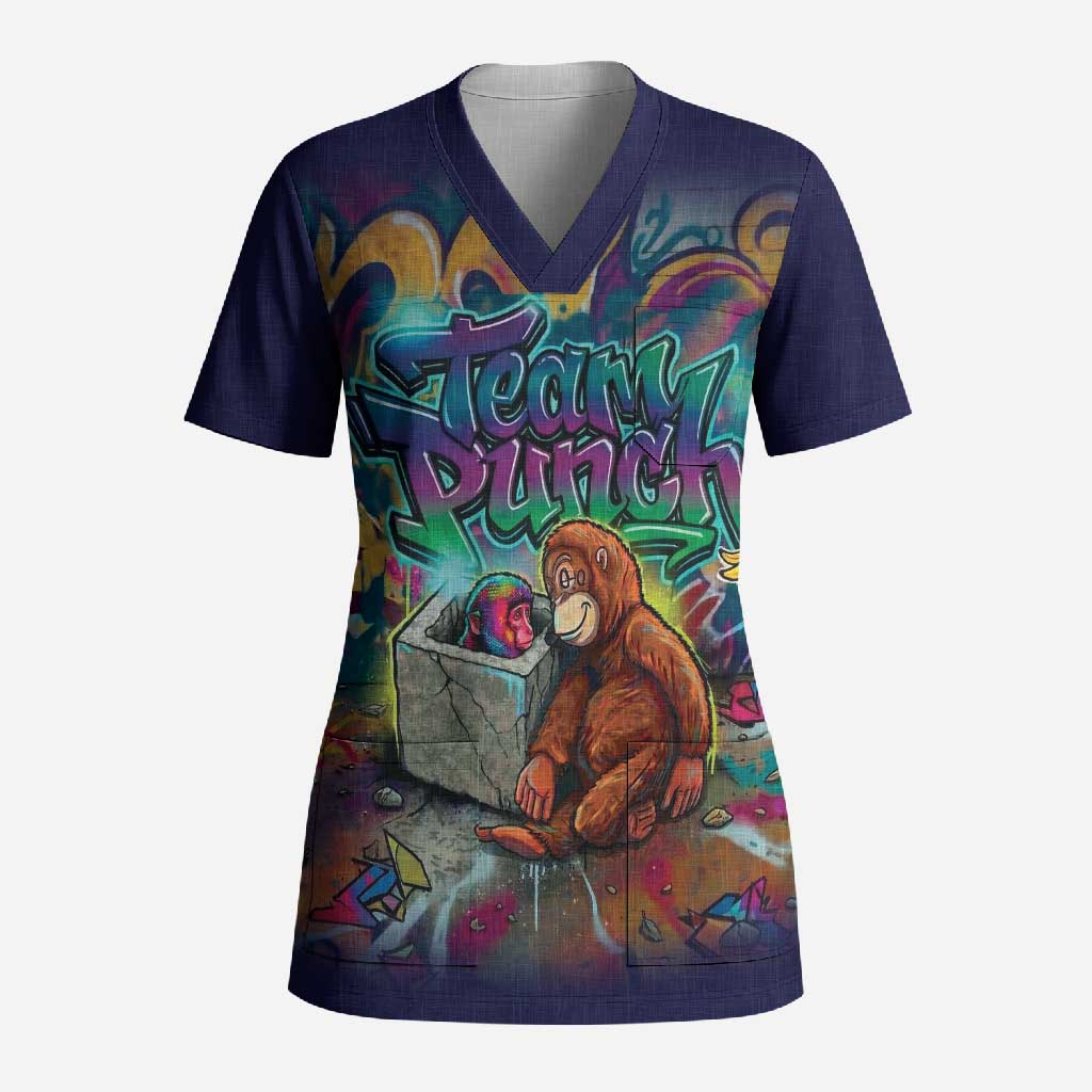 Team Punch The Monkey Scrub Top Baby Monkey Stay Strong Graffiti Style