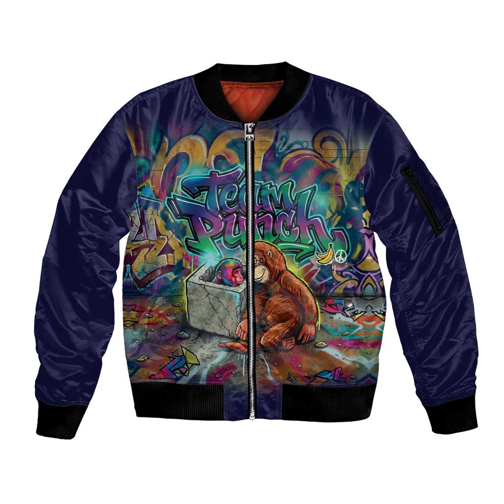Team Punch The Monkey Sleeve Zip Bomber Jacket Baby Monkey Stay Strong Graffiti Style