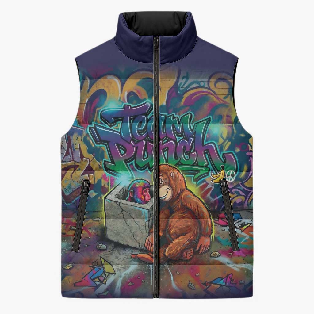 Team Punch The Monkey Sleeveless Puffer Jacket Baby Monkey Stay Strong Graffiti Style
