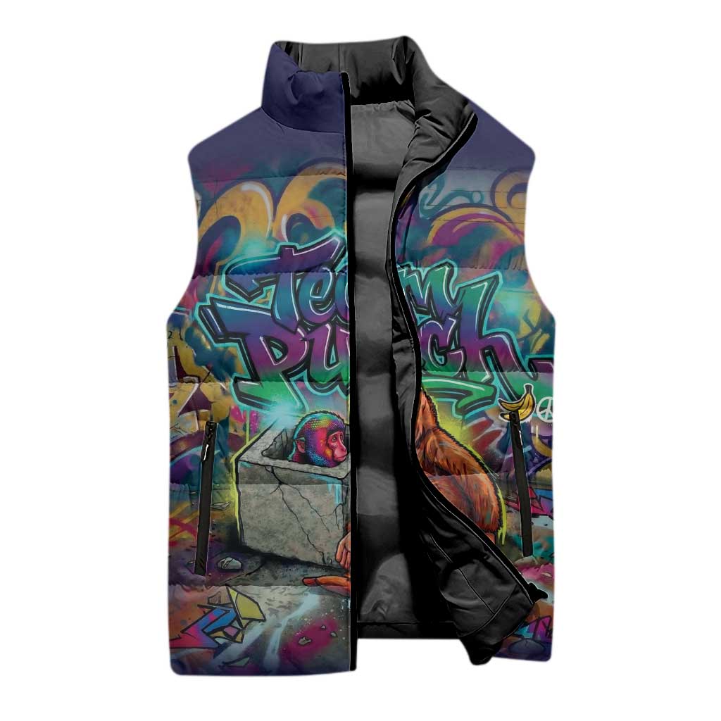 Team Punch The Monkey Sleeveless Puffer Jacket Baby Monkey Stay Strong Graffiti Style