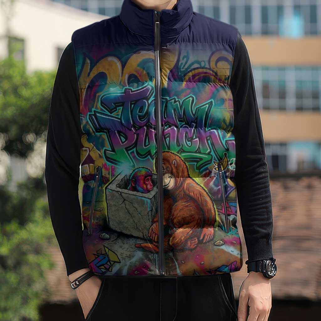 Team Punch The Monkey Sleeveless Puffer Jacket Baby Monkey Stay Strong Graffiti Style