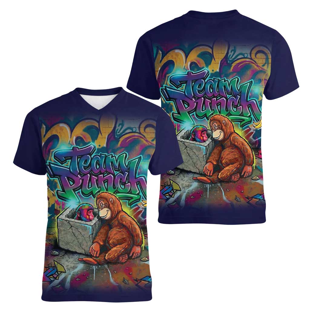 Team Punch The Monkey Women V-Neck T-Shirt Baby Monkey Stay Strong Graffiti Style