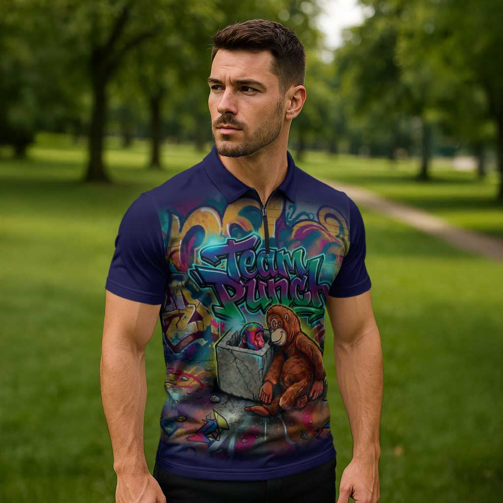 Team Punch The Monkey Zipper Polo Shirt Baby Monkey Stay Strong Graffiti Style