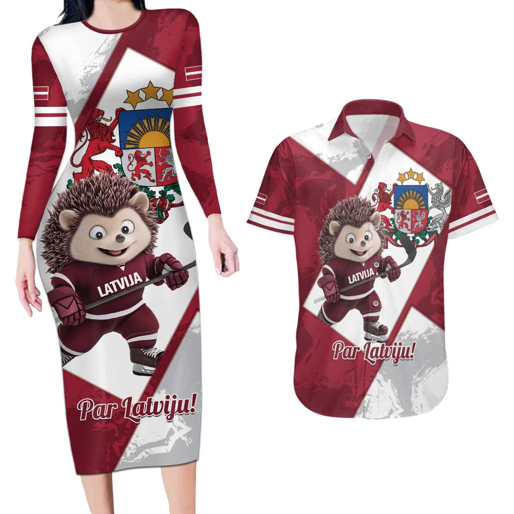 Latvia Hockey Custom Couples Matching Long Sleeve Bodycon Dress and Hawaiian Shirt Hedgehog Par Latviju!