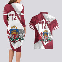 Latvia Hockey Custom Couples Matching Long Sleeve Bodycon Dress and Hawaiian Shirt Hedgehog Par Latviju!