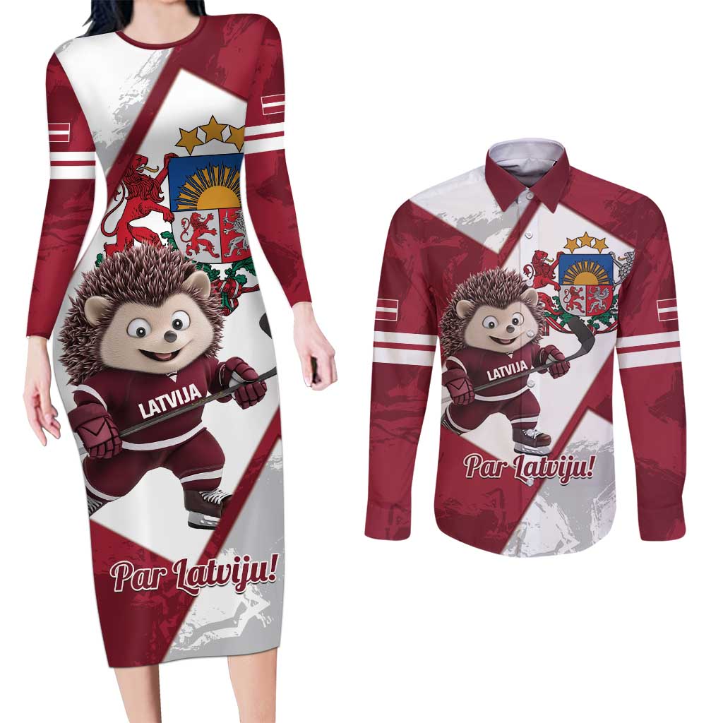 Latvia Hockey Custom Couples Matching Long Sleeve Bodycon Dress and Long Sleeve Button Shirt Hedgehog Par Latviju!