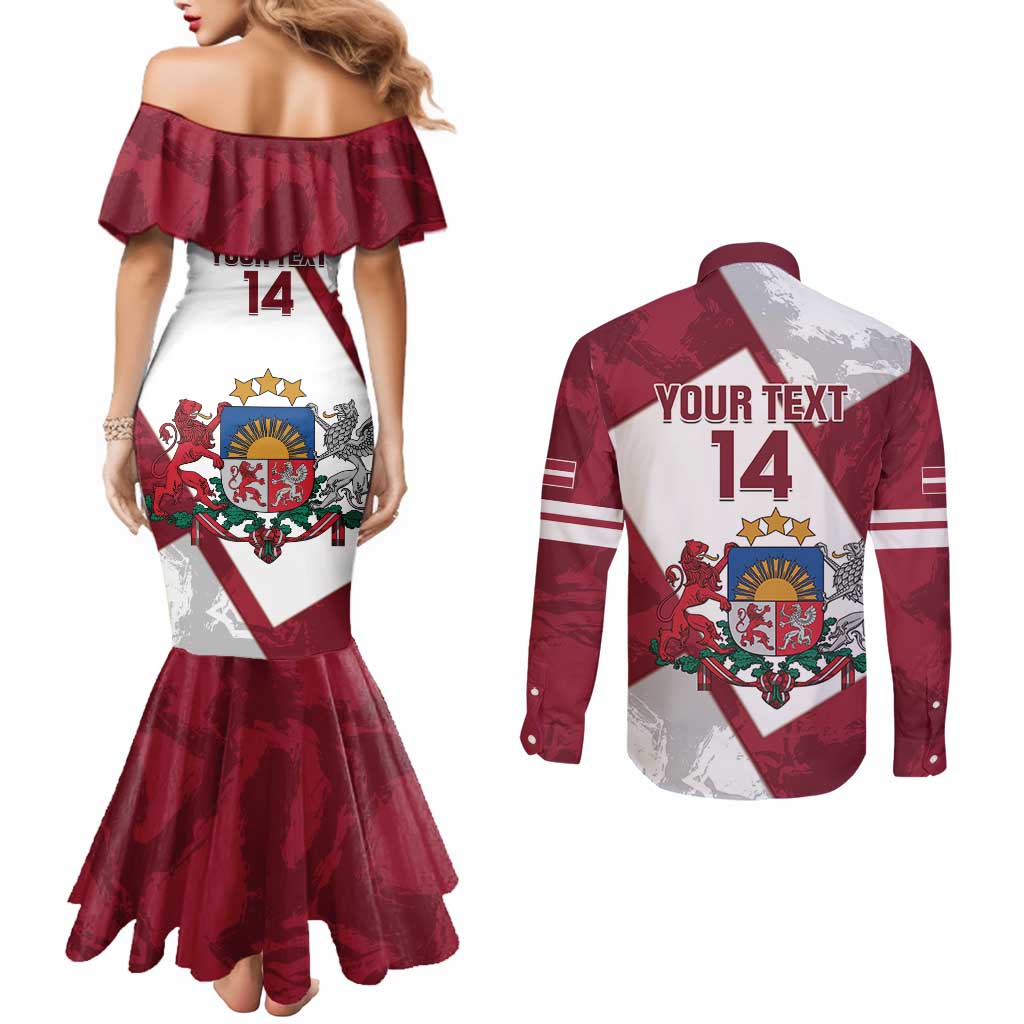 Latvia Hockey Custom Couples Matching Mermaid Dress and Long Sleeve Button Shirt Hedgehog Par Latviju!