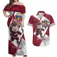 Latvia Hockey Custom Couples Matching Off Shoulder Maxi Dress and Hawaiian Shirt Hedgehog Par Latviju!