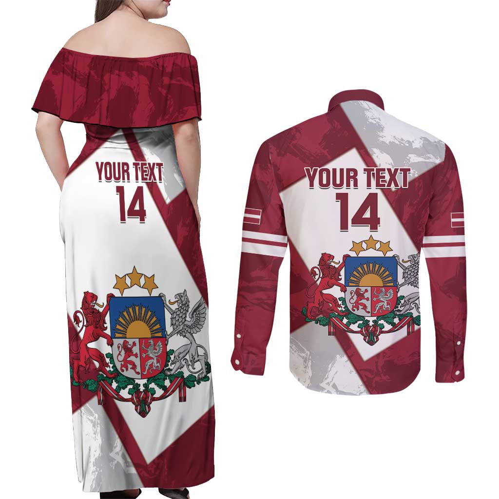 Latvia Hockey Custom Couples Matching Off Shoulder Maxi Dress and Long Sleeve Button Shirt Hedgehog Par Latviju!