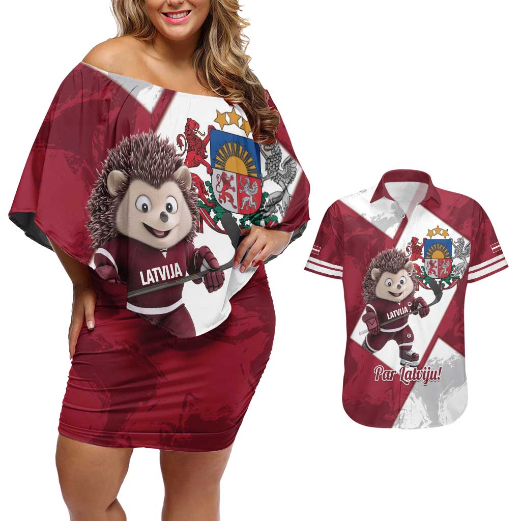 Latvia Hockey Custom Couples Matching Off Shoulder Short Dress and Hawaiian Shirt Hedgehog Par Latviju!