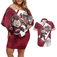 Latvia Hockey Custom Couples Matching Off Shoulder Short Dress and Hawaiian Shirt Hedgehog Par Latviju!