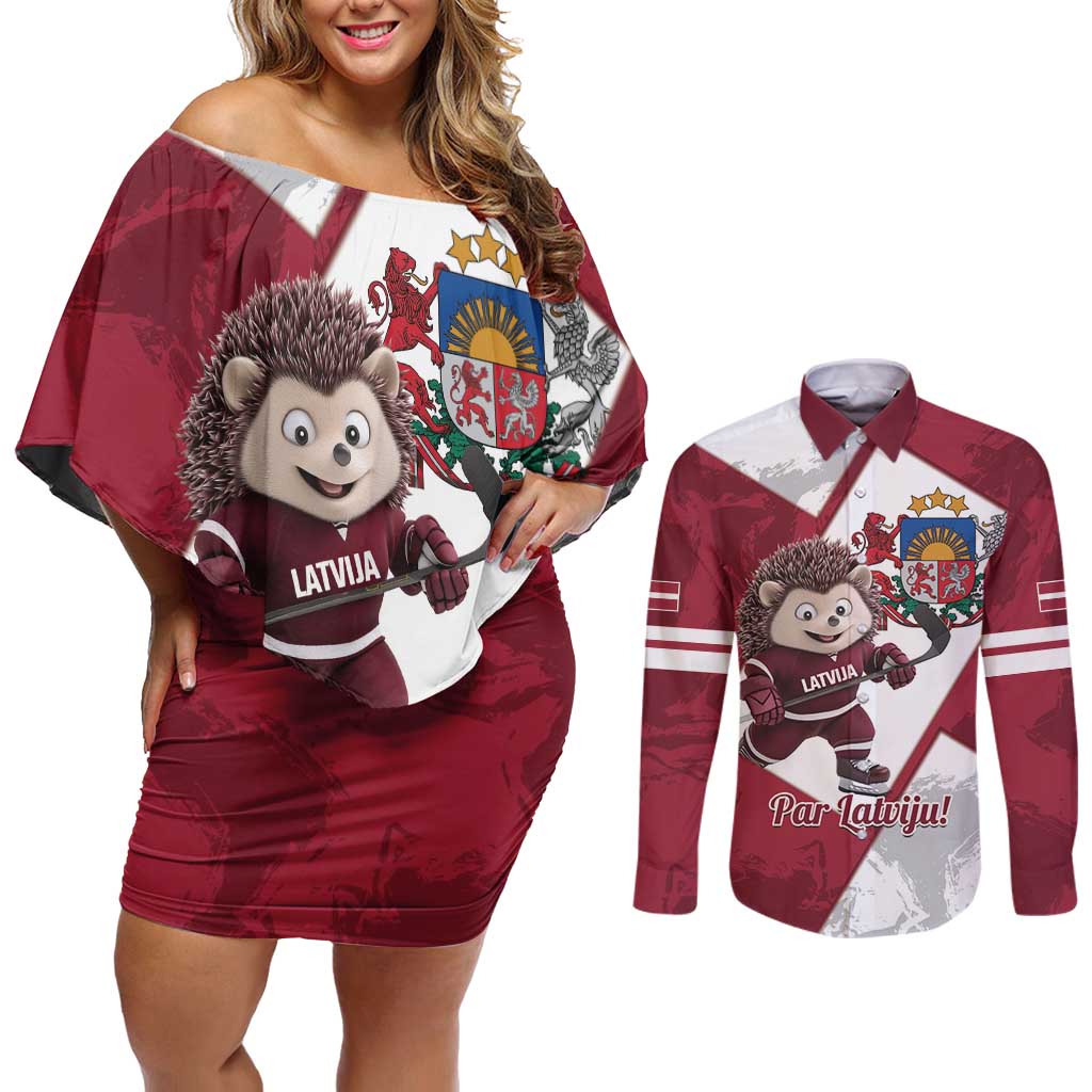 Latvia Hockey Custom Couples Matching Off Shoulder Short Dress and Long Sleeve Button Shirt Hedgehog Par Latviju!