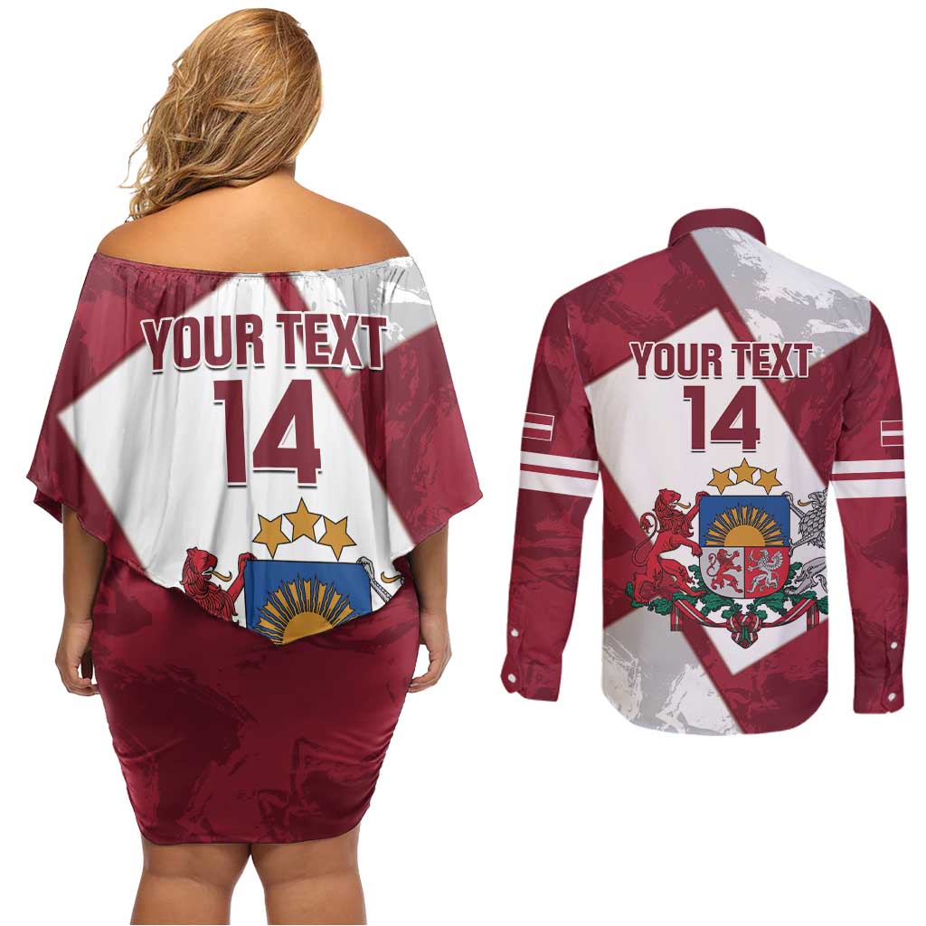 Latvia Hockey Custom Couples Matching Off Shoulder Short Dress and Long Sleeve Button Shirt Hedgehog Par Latviju!