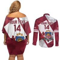 Latvia Hockey Custom Couples Matching Off Shoulder Short Dress and Long Sleeve Button Shirt Hedgehog Par Latviju!