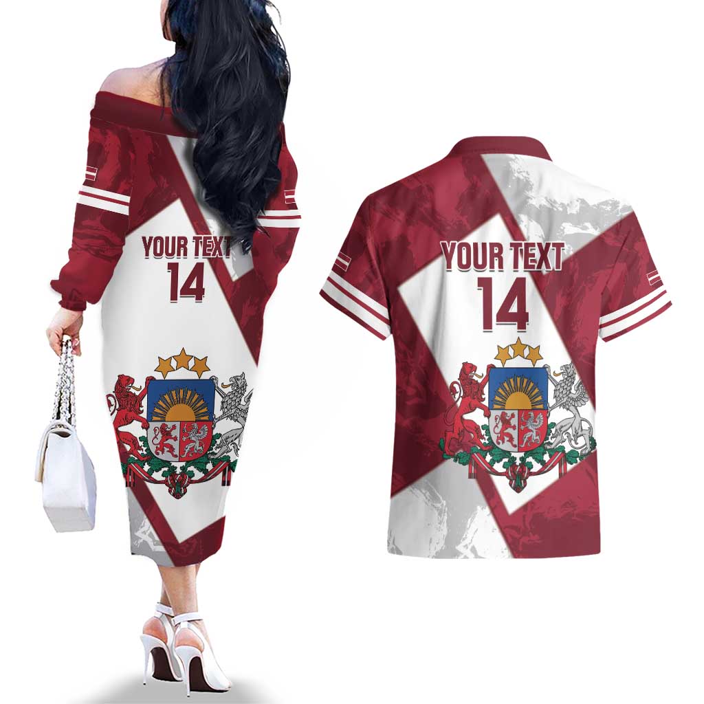 Latvia Hockey Custom Couples Matching Off The Shoulder Long Sleeve Dress and Hawaiian Shirt Hedgehog Par Latviju!