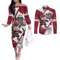 Latvia Hockey Custom Couples Matching Off The Shoulder Long Sleeve Dress and Long Sleeve Button Shirt Hedgehog Par Latviju!