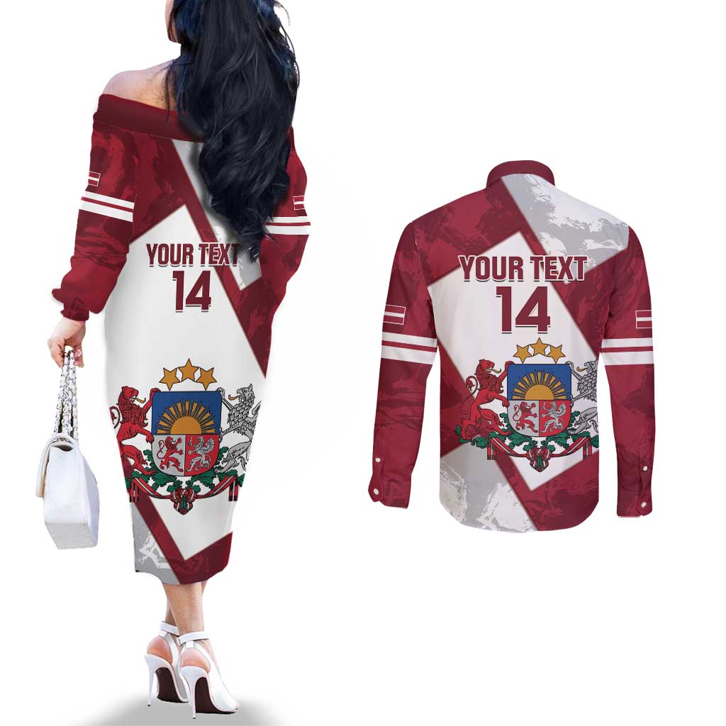 Latvia Hockey Custom Couples Matching Off The Shoulder Long Sleeve Dress and Long Sleeve Button Shirt Hedgehog Par Latviju!