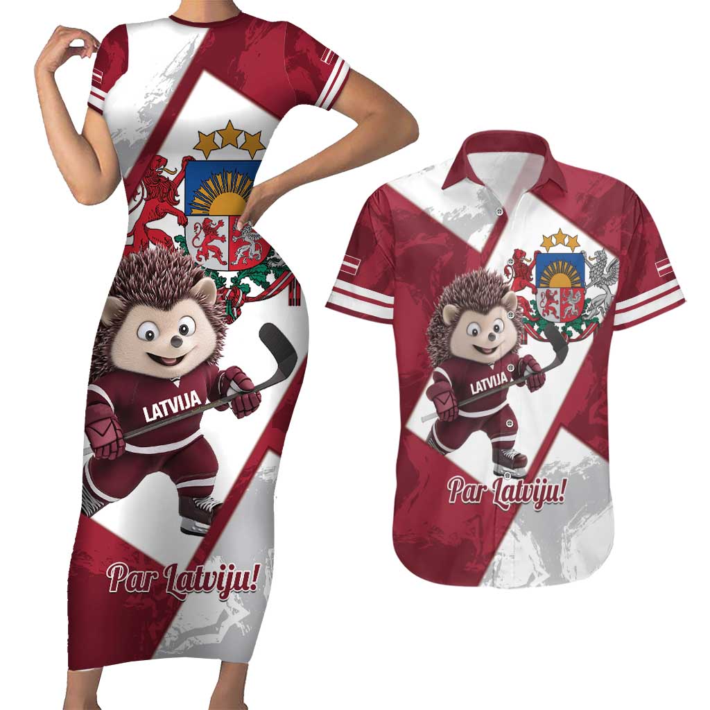 Latvia Hockey Custom Couples Matching Short Sleeve Bodycon Dress and Hawaiian Shirt Hedgehog Par Latviju!