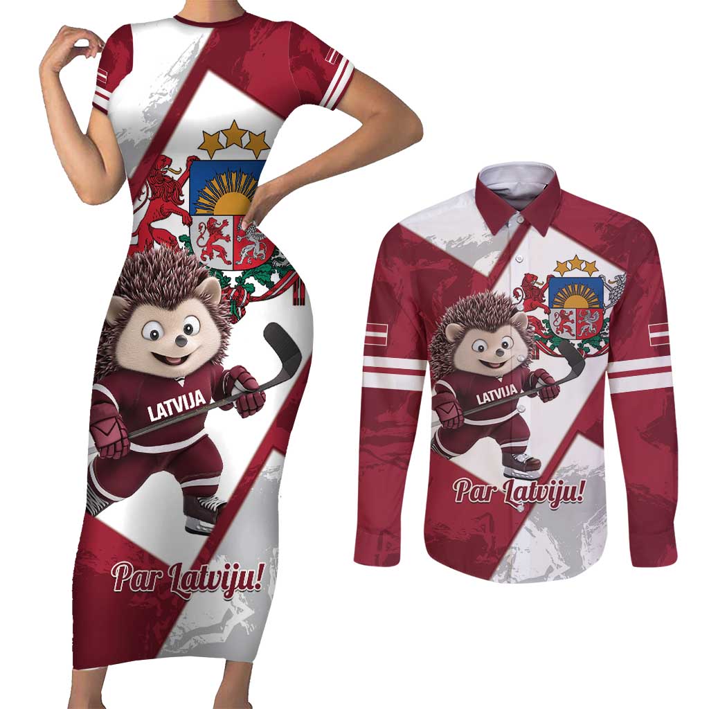 Latvia Hockey Custom Couples Matching Short Sleeve Bodycon Dress and Long Sleeve Button Shirt Hedgehog Par Latviju!