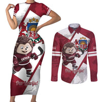 Latvia Hockey Custom Couples Matching Short Sleeve Bodycon Dress and Long Sleeve Button Shirt Hedgehog Par Latviju!