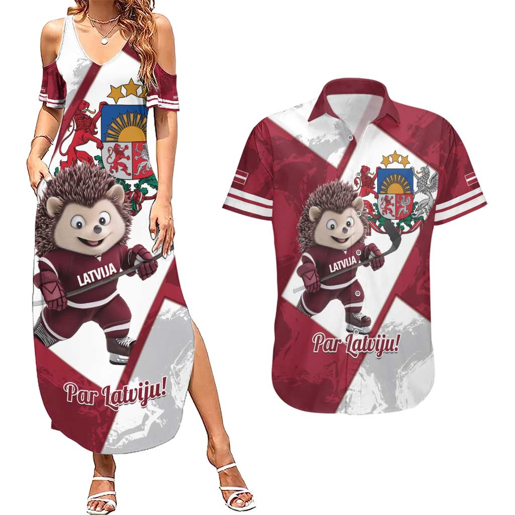 Latvia Hockey Custom Couples Matching Summer Maxi Dress and Hawaiian Shirt Hedgehog Par Latviju!
