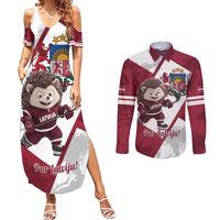 Latvia Hockey Custom Couples Matching Summer Maxi Dress and Long Sleeve Button Shirt Hedgehog Par Latviju!