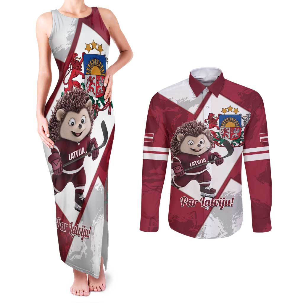 Latvia Hockey Custom Couples Matching Tank Maxi Dress and Long Sleeve Button Shirt Hedgehog Par Latviju!