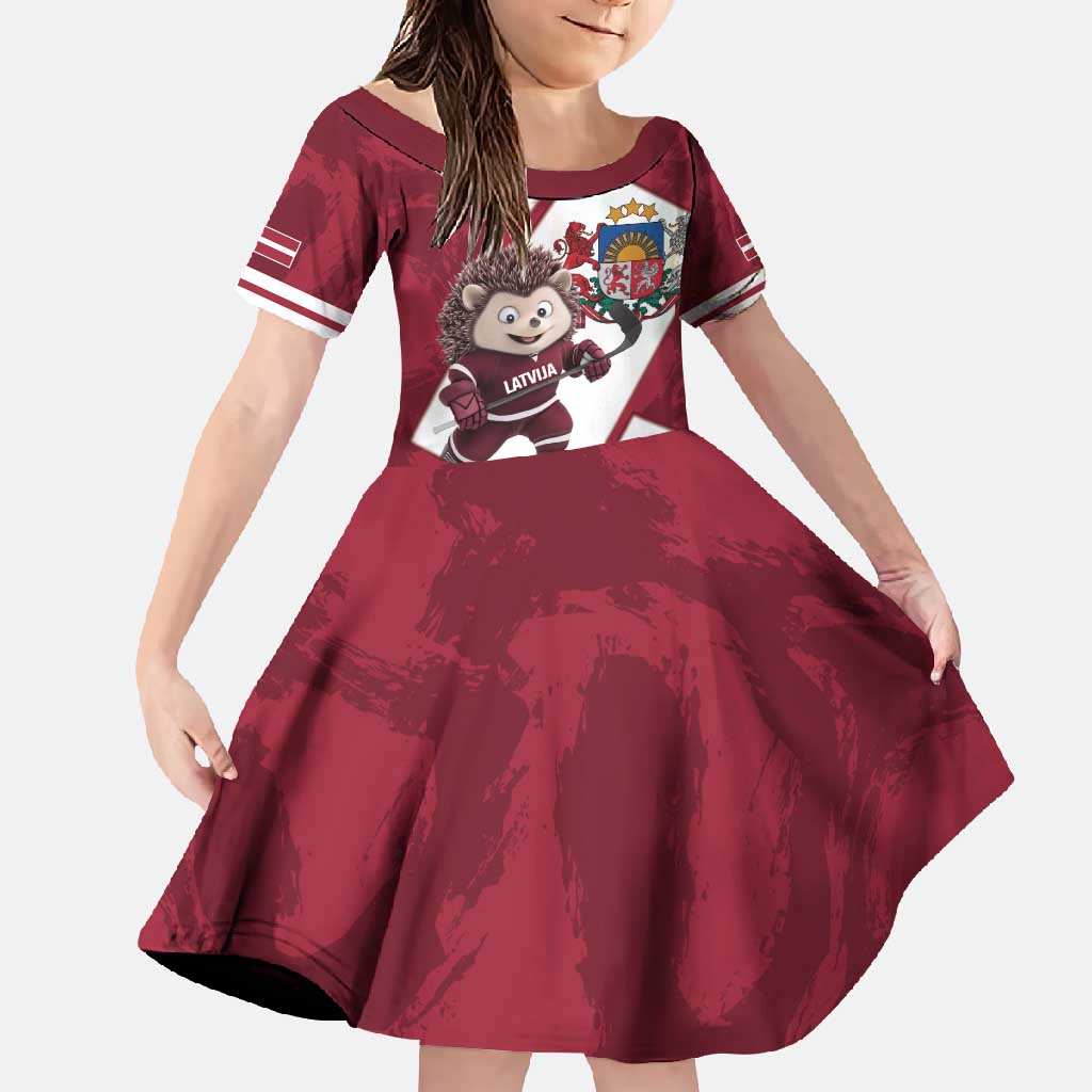 Latvia Hockey Custom Family Matching Long Sleeve Bodycon Dress and Hawaiian Shirt Hedgehog Par Latviju!