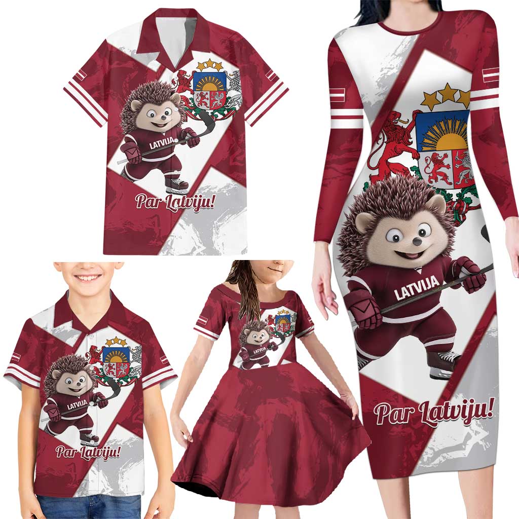 Latvia Hockey Custom Family Matching Long Sleeve Bodycon Dress and Hawaiian Shirt Hedgehog Par Latviju!