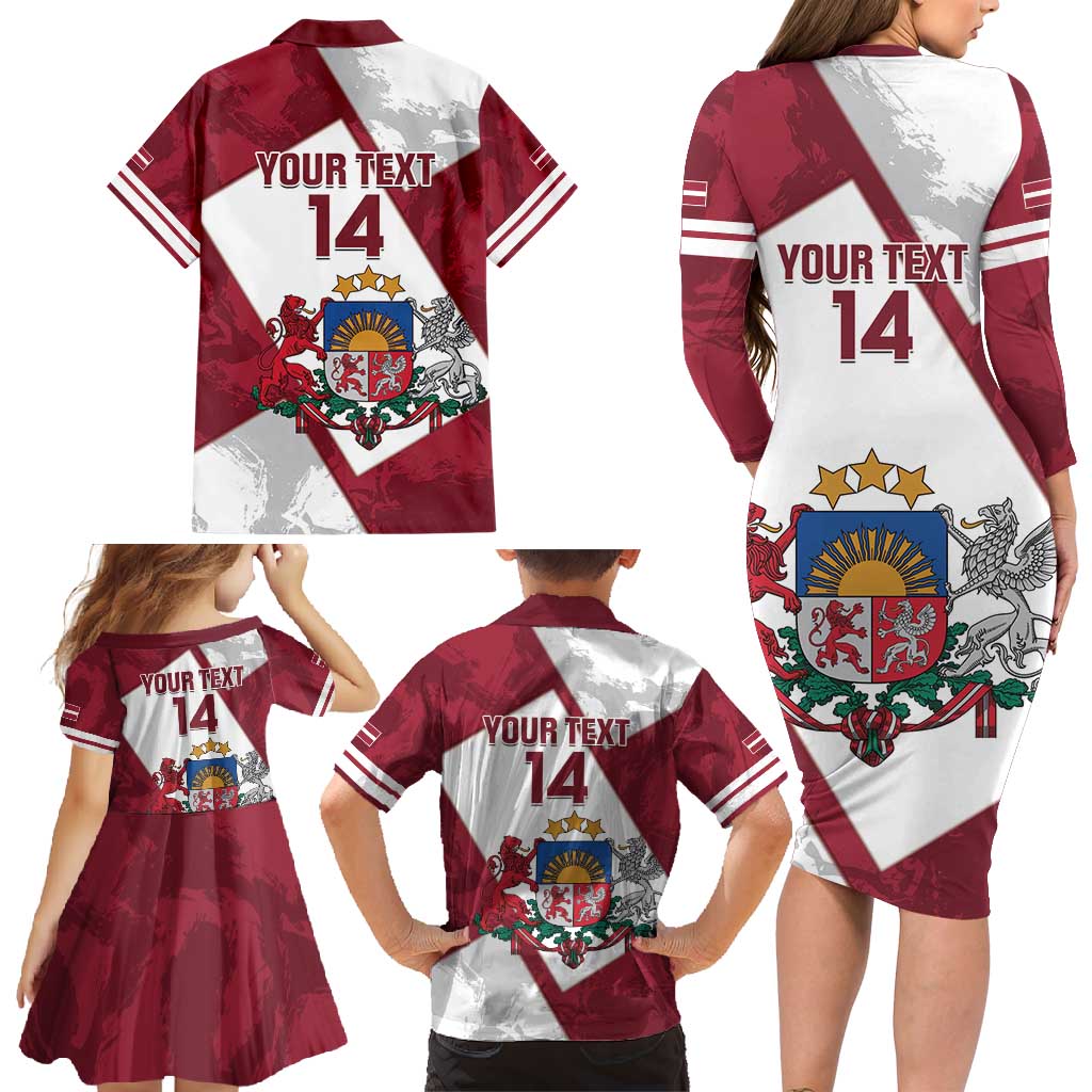 Latvia Hockey Custom Family Matching Long Sleeve Bodycon Dress and Hawaiian Shirt Hedgehog Par Latviju!