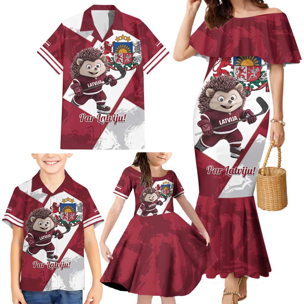 Latvia Hockey Custom Family Matching Mermaid Dress and Hawaiian Shirt Hedgehog Par Latviju!
