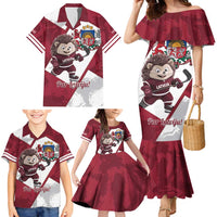 Latvia Hockey Custom Family Matching Mermaid Dress and Hawaiian Shirt Hedgehog Par Latviju!