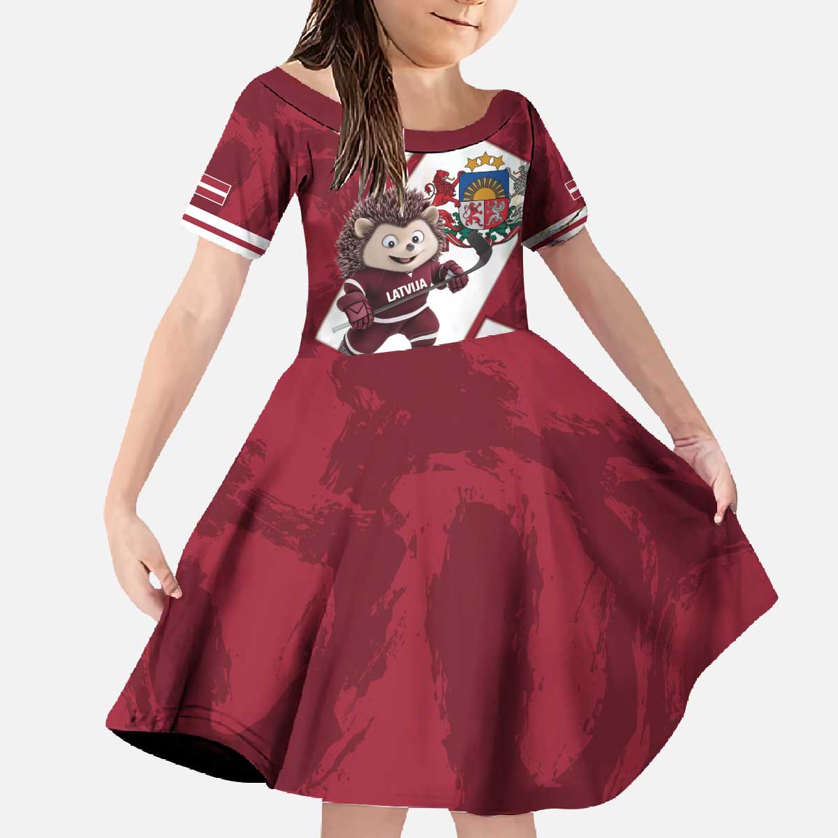 Latvia Hockey Custom Family Matching Off The Shoulder Long Sleeve Dress and Hawaiian Shirt Hedgehog Par Latviju!