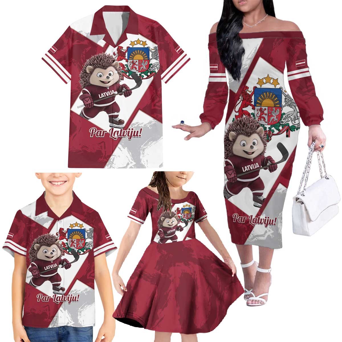 Latvia Hockey Custom Family Matching Off The Shoulder Long Sleeve Dress and Hawaiian Shirt Hedgehog Par Latviju!