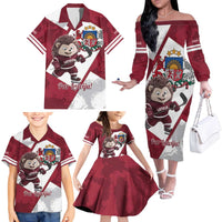 Latvia Hockey Custom Family Matching Off The Shoulder Long Sleeve Dress and Hawaiian Shirt Hedgehog Par Latviju!